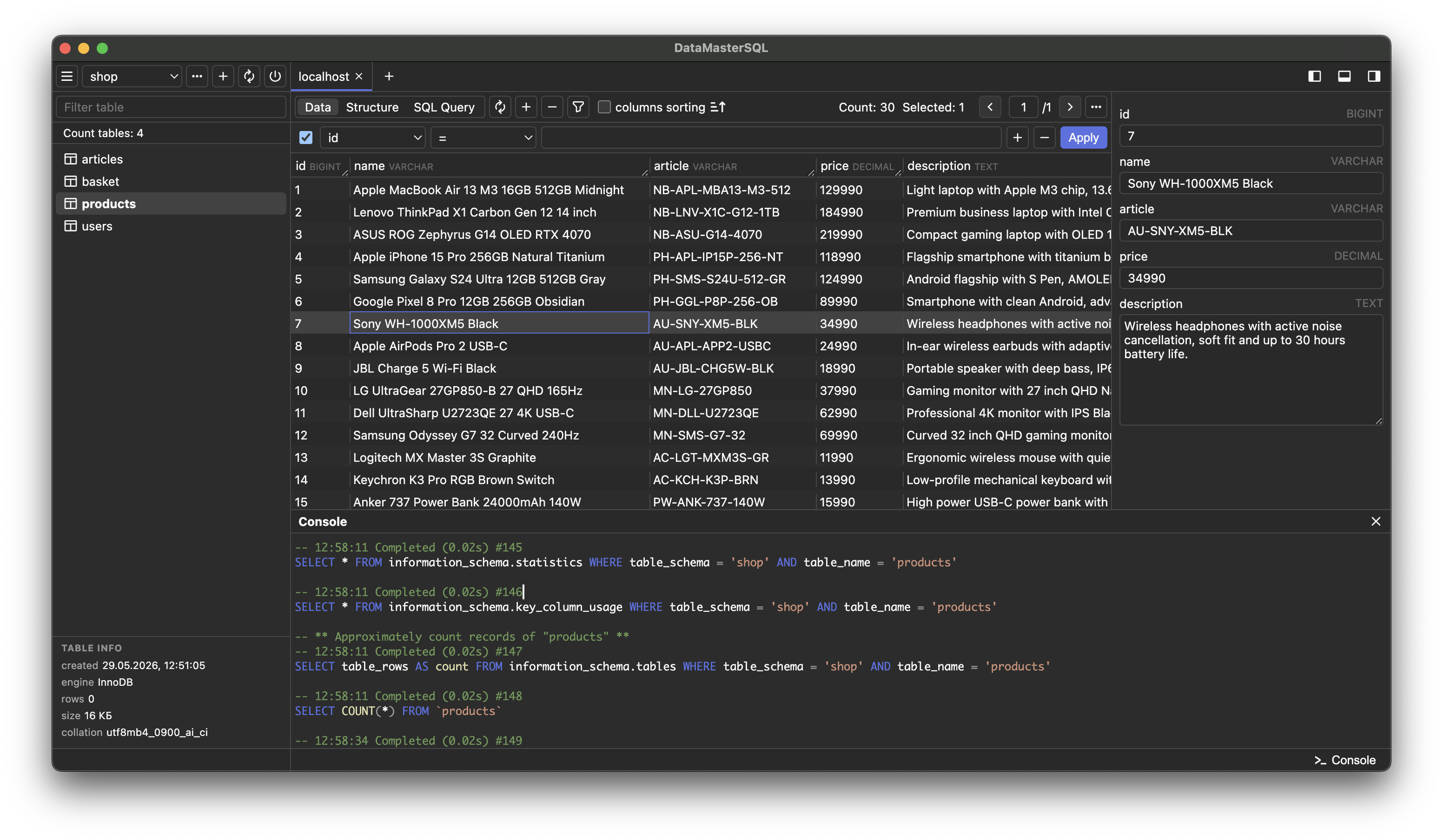 DataMasterSQL Interface